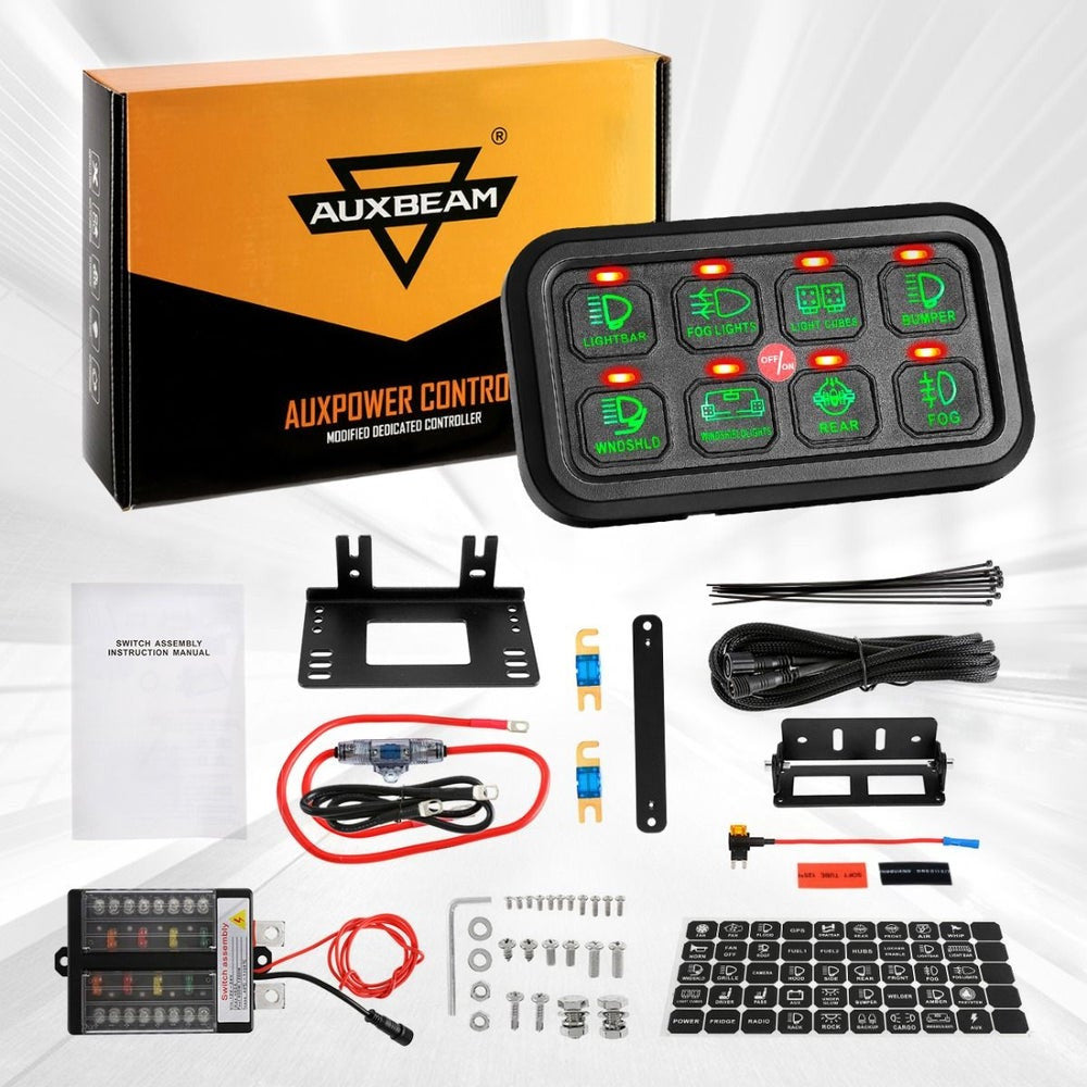 Auxbeam 8 Gang Control Switch Panel Kit Automatic Dimmable Slim Touch (Green Backlight)