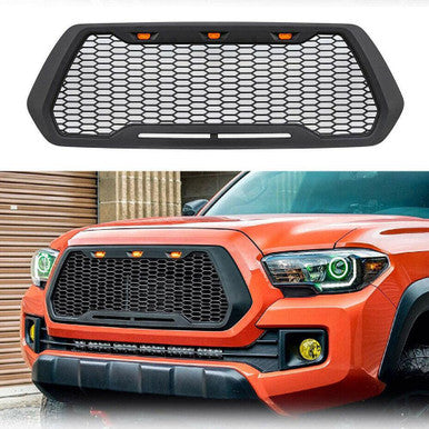Front Mesh Grille Black with 3 Amber DRL Led Lights for 2016-2023 Toyota Tacoma
