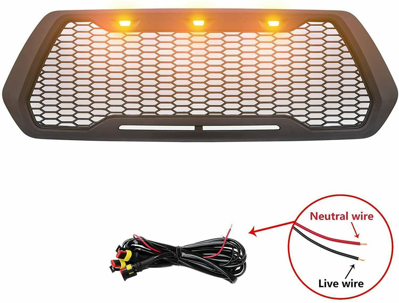 Front Mesh Grille Black with 3 Amber DRL Led Lights for 2016-2023 Toyota Tacoma