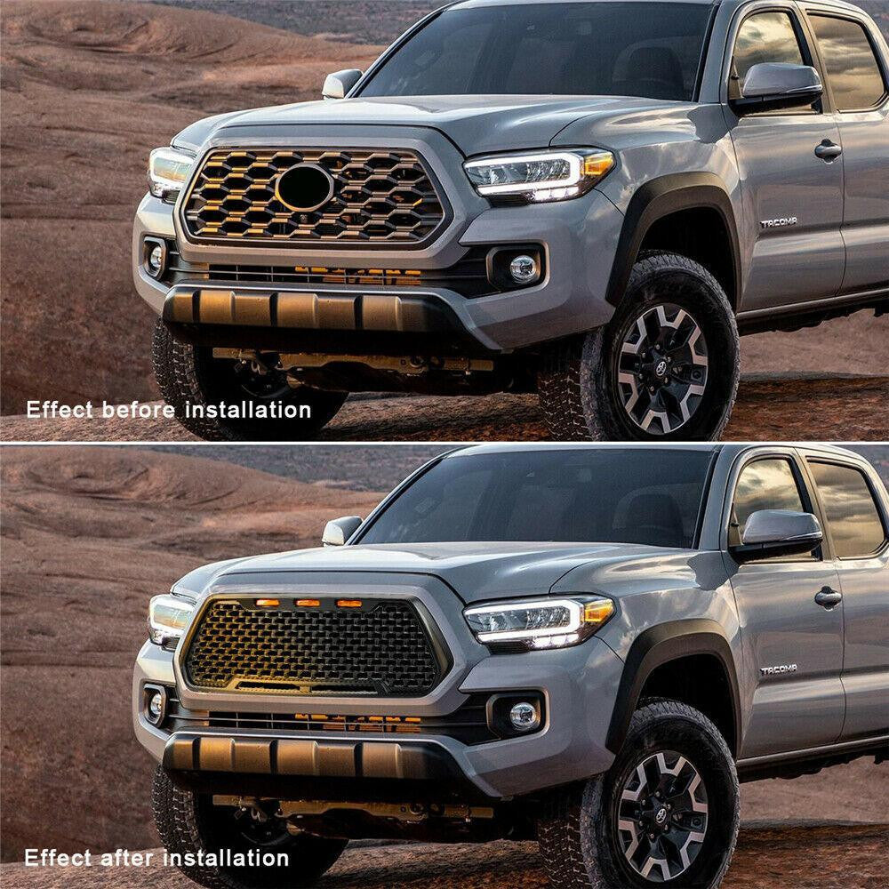 Front Mesh Grille Black with 3 Amber DRL Led Lights for 2016-2023 Toyota Tacoma